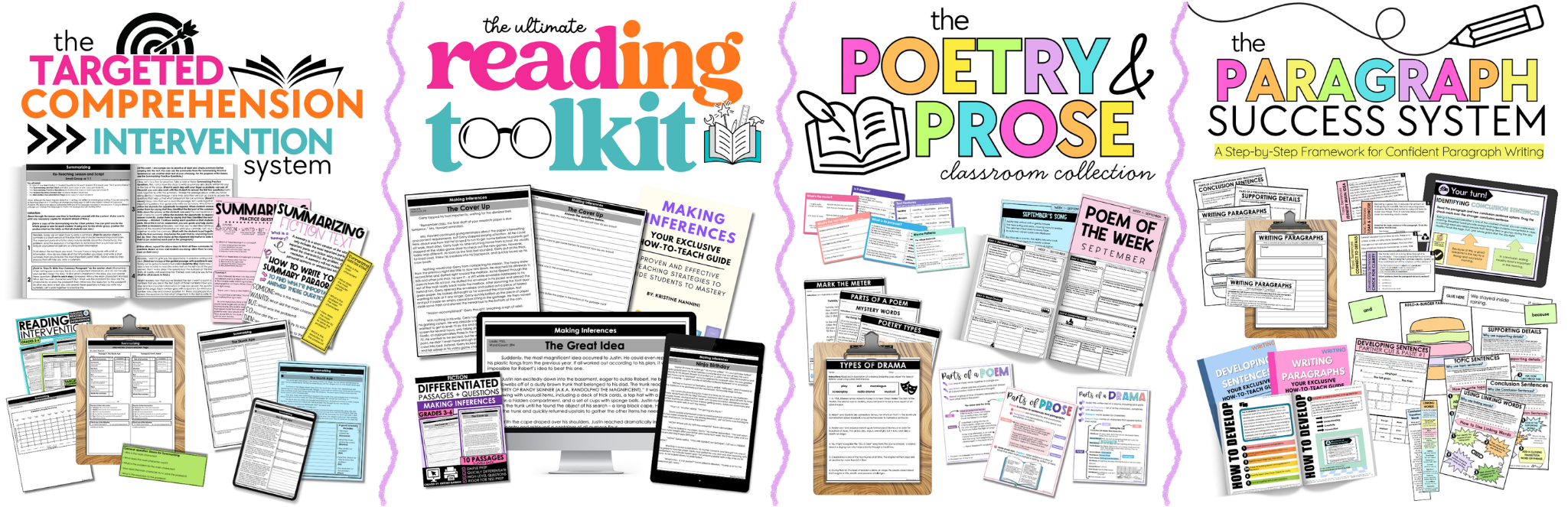 Kristine Nannini's Classroom Club Instructional Frameworks, Targeted Comprehension Intervention System, Ultimate Reading Toolkit, Poetry and Prose Classroom Collection, Paragraph Success System