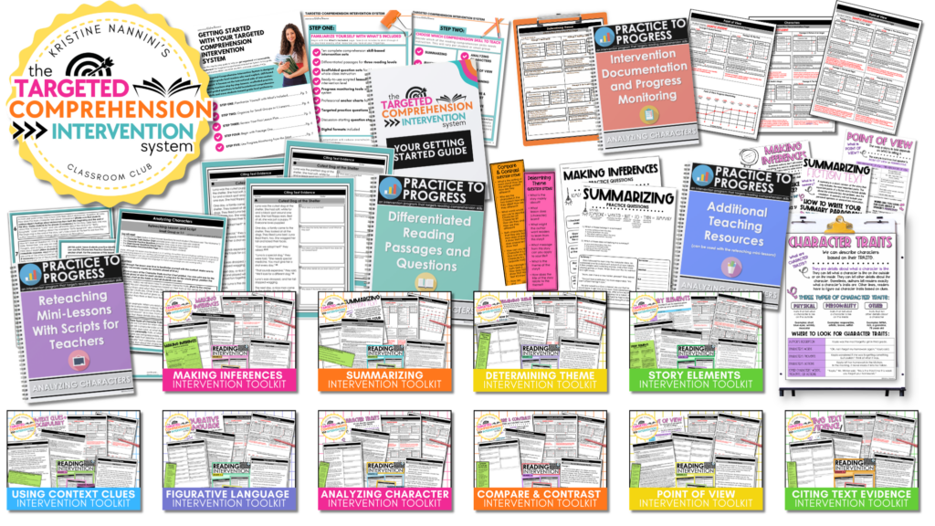 The Targeted Comprehension Intervention System, ELA Reading Comprehension Intervention, Inference, Theme, Summarizing, Context Clues, Characters, Text Evidence, Compare and Contrast, Point of View, Figurative Language