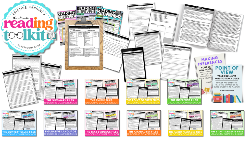 The Ultimate Reading Toolkit Instructional Framework, Fiction Comprehension Instruction Comprehension Passages and Questions, Intervention, Inference, Summary, Theme, Story Elements, Context Clues, Text Evidence, Figurative Language, Compare and Contrast, Paired Passages, Point of View