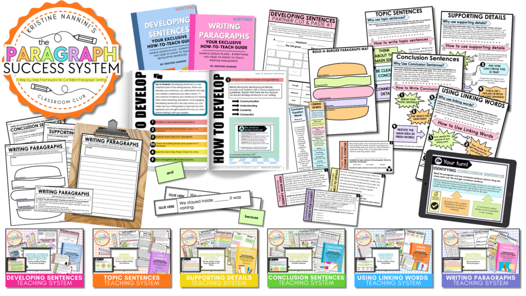 The Paragraph Success System, Paragraph Writing Lessons and Activities, Topic Sentences, Supporting Details, Linking Words, Transition Words, Conclusion Sentences, Anchor Charts, Lesson Plans, PowerPoint Presentations, Task Cards, Cut and Paste Activities, Worksheets, Writing Prompts, Student Practice, Bookmarks, Reference Pages
